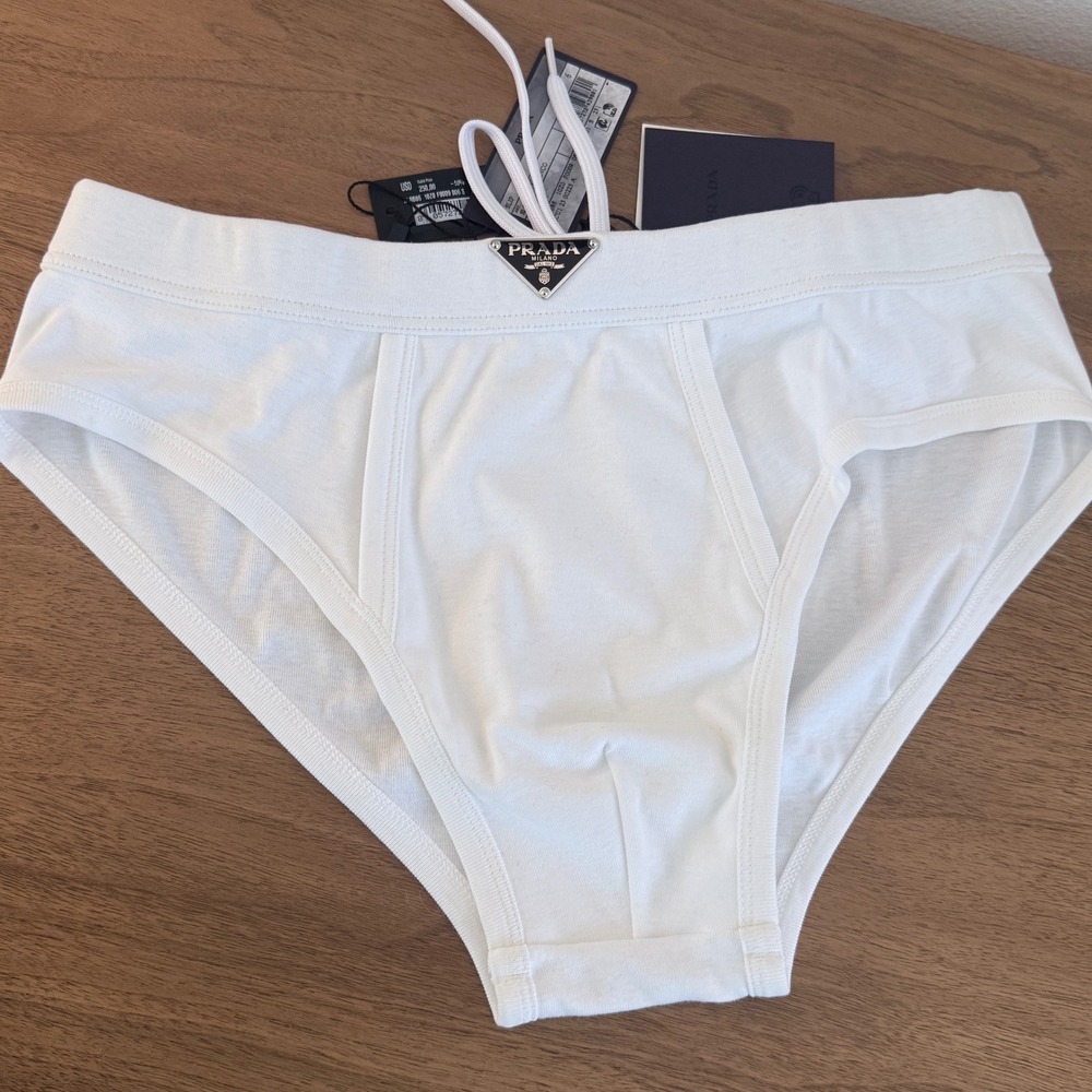 Prada Triangle white cotton drawstring briefs, SIZE 6 (Extra Large)